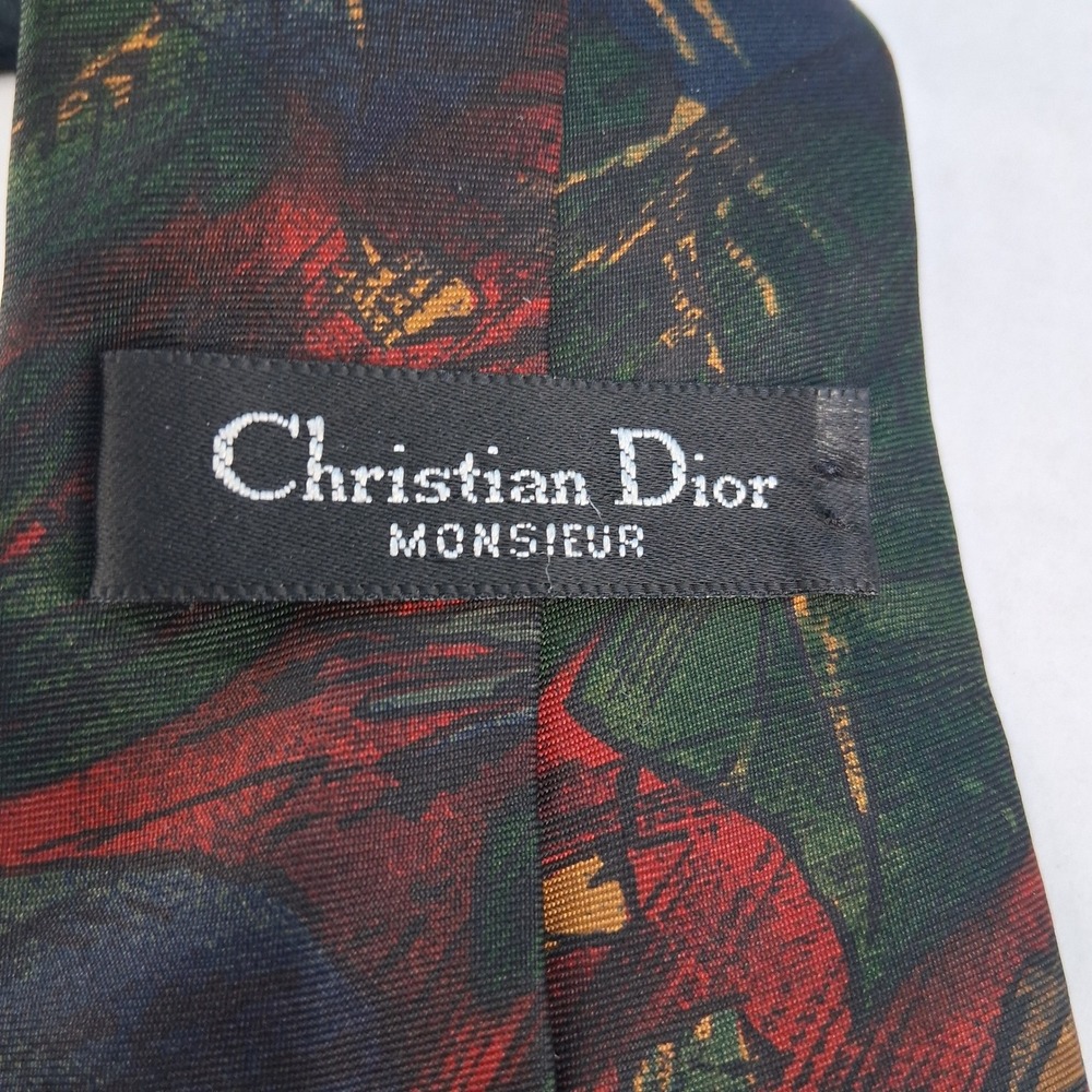 Christian Dior Tie Mens Red Green Botanical‎ Leaf Silk Monsieur Italy Woven USA